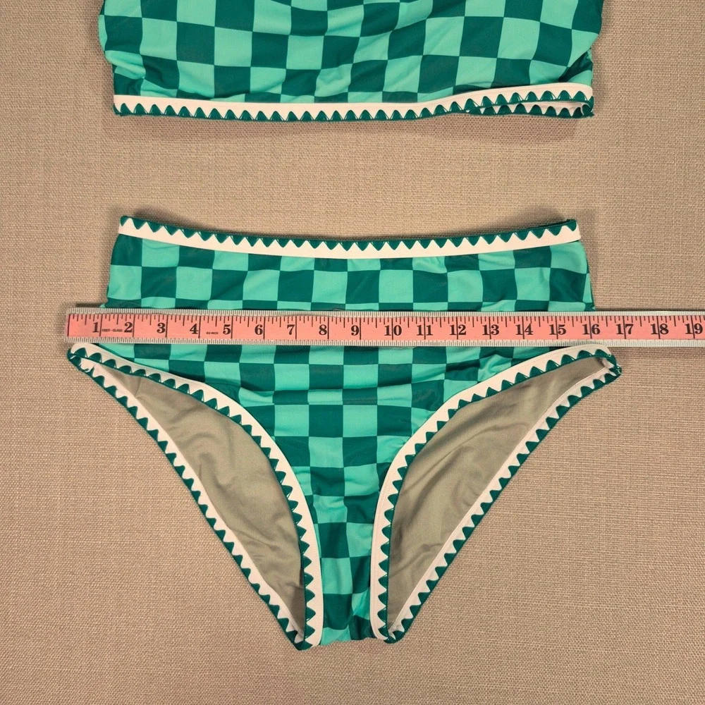 Women Green Checkered Ric Rac High Waisted Bikini Set Size L NWOT